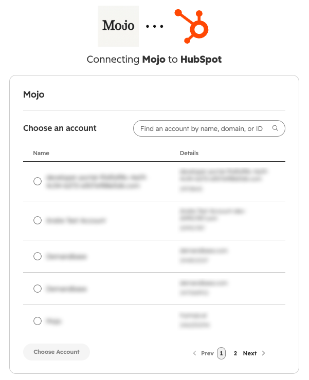 The Connecting Mojo to HubSpot page, with a list of HubSpot accounts to choose from