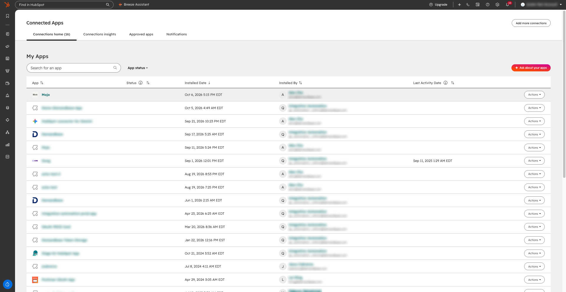 HubSpot's Connected Apps page, with Mojo listed under My Apps