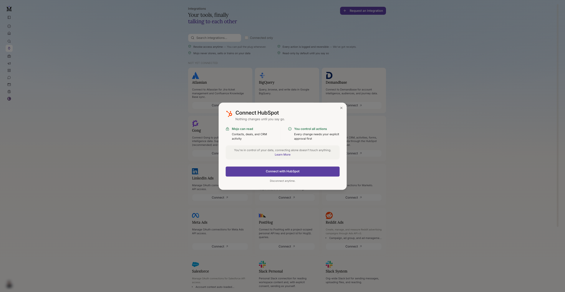 The Connect HubSpot dialog on the Mojo Integrations page, with the Connect with HubSpot button
