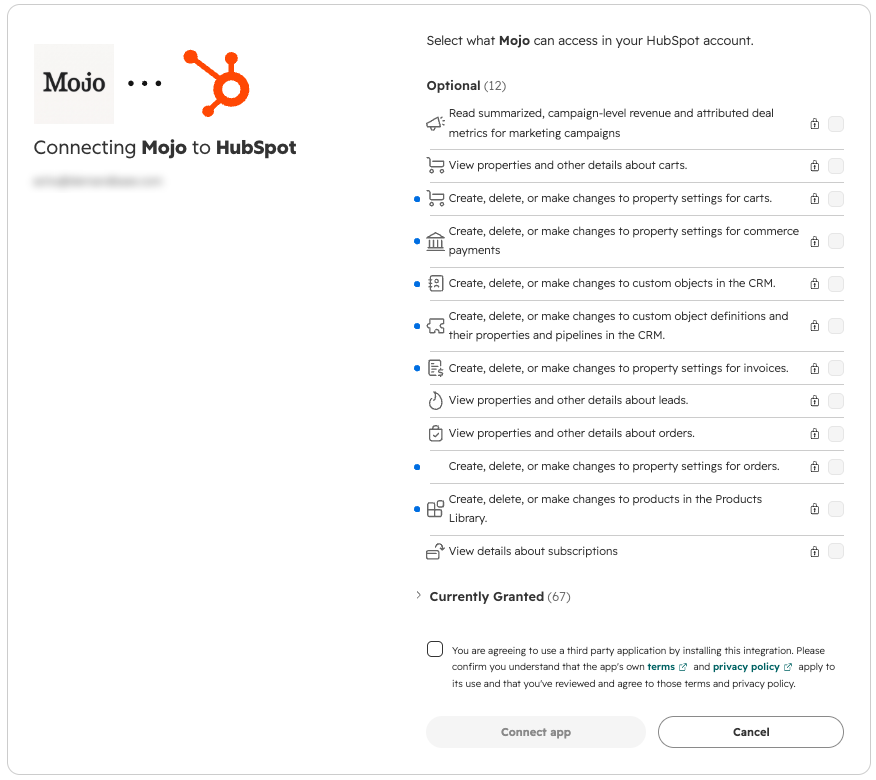 The Connecting Mojo to HubSpot page, with optional permission checkboxes and the Connect app button
