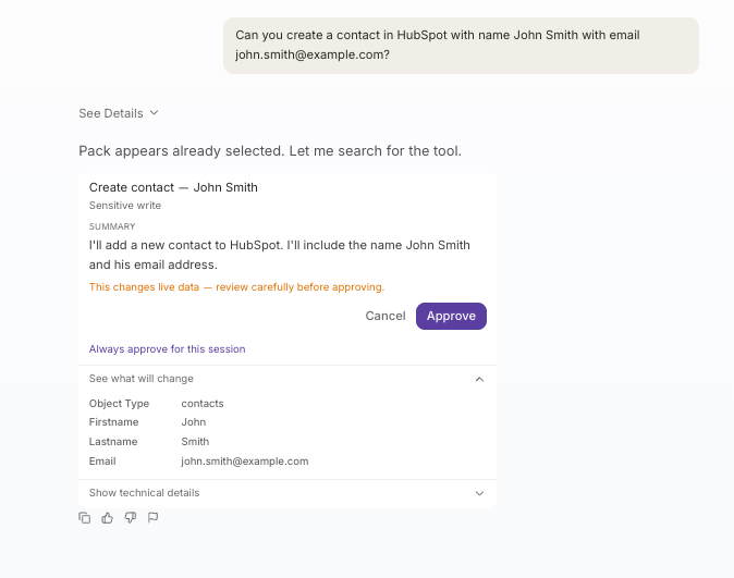 An approval card in Mojo chat to create a HubSpot contact, showing what will change and the Approve and Cancel buttons